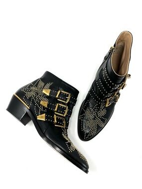 Chloe Susanna Studded Western Ankle Boots Booties Black Leather Gold Buckle 38 8
